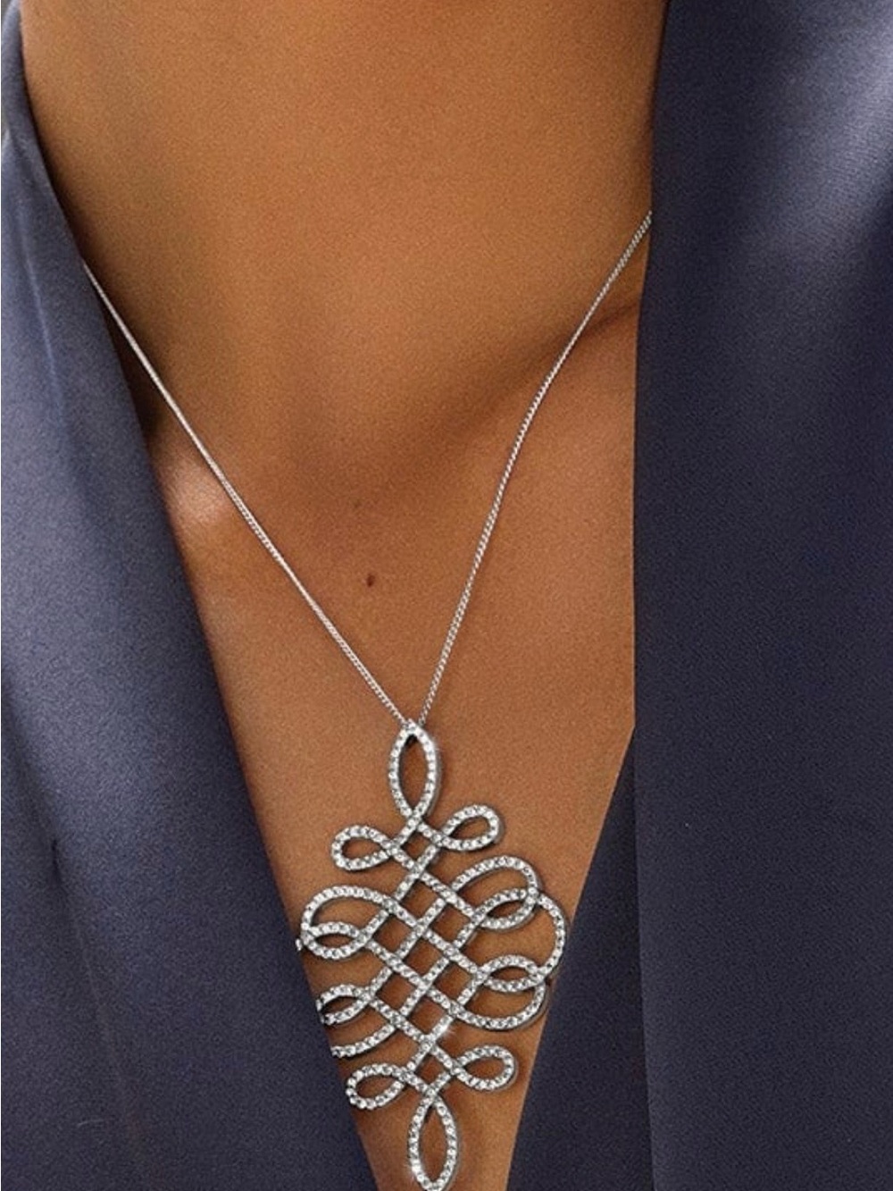 Brighton Silver-Tone Crystal Scrollwork Pendant Necklace - Silver - Picture 2 of 8